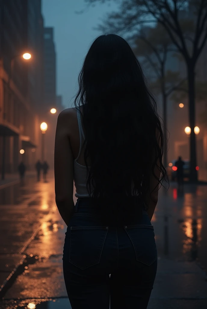 Curvy fat woman with long black hair from behind at night with realistic