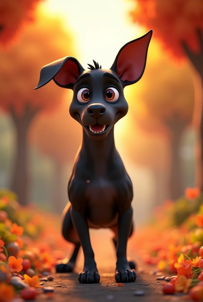 Dog character, pit bull breed, with long ears, grown-up, average size, black with small caramel spots, stark, grown-up, animation character, stylized character, animation style rendering, 3d stylized, Arnold Maya rendering, Stylized 3D rendering, toon render screenshot, 3d character, 3d character, Stylized 3D rendering, 3D character rendering, cartoon character, Personagem de close up, character posing,  (Pixar-style) (master part:1.2) (bokeh) (best qualityer) (skin detailed) (detailed texture) (8k) (Argilla) (cinematic lighting) (sharp focus