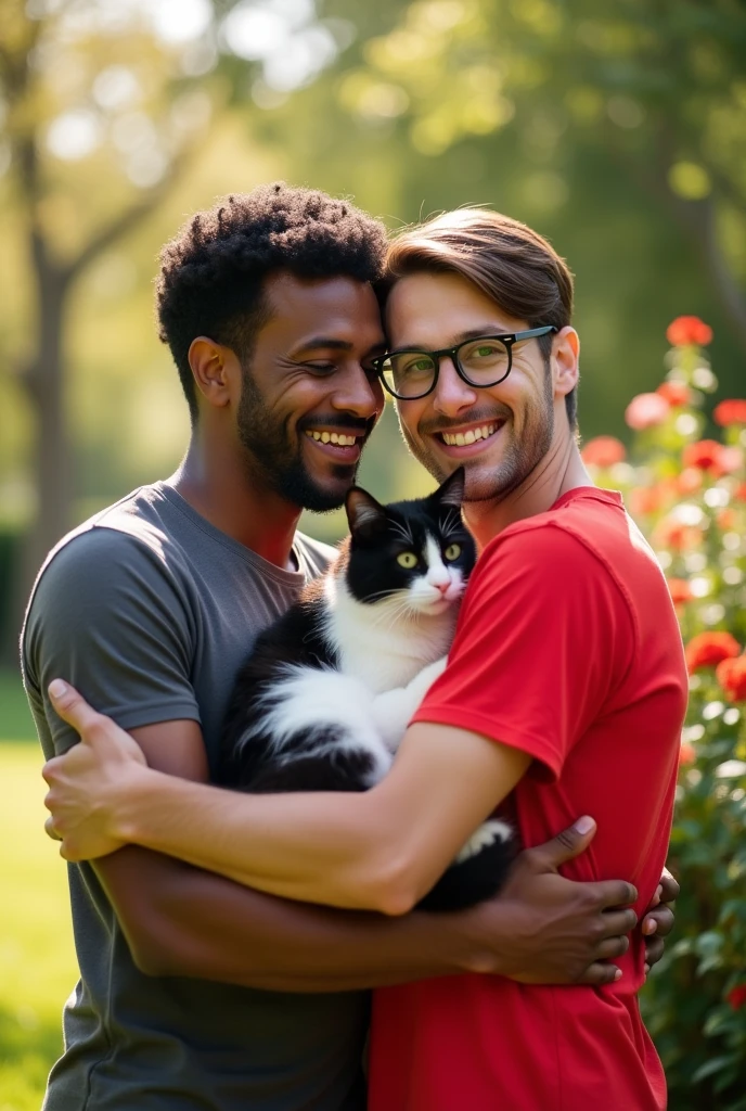 A drawing of pride a brown-skinned man, with a mustache and goatee, short, curly, black hair, Wearing white short sleeve t-shirt, hugging a white man, who wears glasses, with thin lips and a shy smile wearing a Red short sleeve t-shirt, With straight, brown hair, holding a cat with black and white fur.