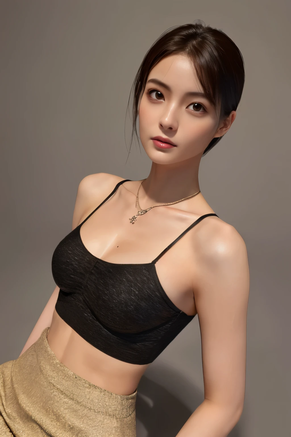 Skinny Japanese woman, Dressed, small head, cute face, detailed face, detailed eyes, (photographrealistic:1.4), (Hyper realistic:1.4), (Realistic:1.3), (Smoother lighting:1.05), (increase cinematic lighting quality:0.9), 32K, 1girl in, 30-years old, Realistic lighting, Backlighting, Light on Face, raytrace, (Brightening light:1.2), (Increase quality:1.4), (Top quality real texture skins:1.4), Black underwear, a necklace, Very thin waist, slender legs, (Increase body line mood:1.1), (Increase the beauty of skin texture:1.1)