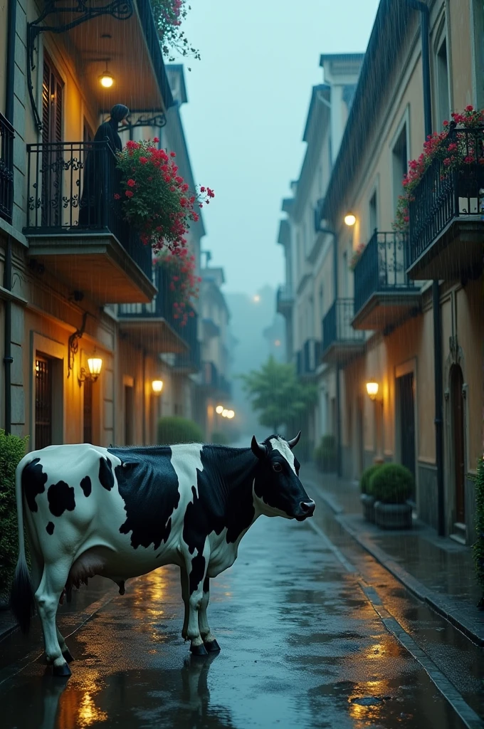 Lost cow in a blue and rainy alley while masturbating on the balcony of a 5 star hotel 