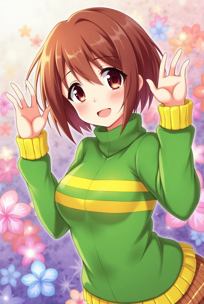 an anime girl with dark red eyes and short brown hair wearing a green and yellow with two stripes on her chest on her turtleneck sweater doing a cute pose
