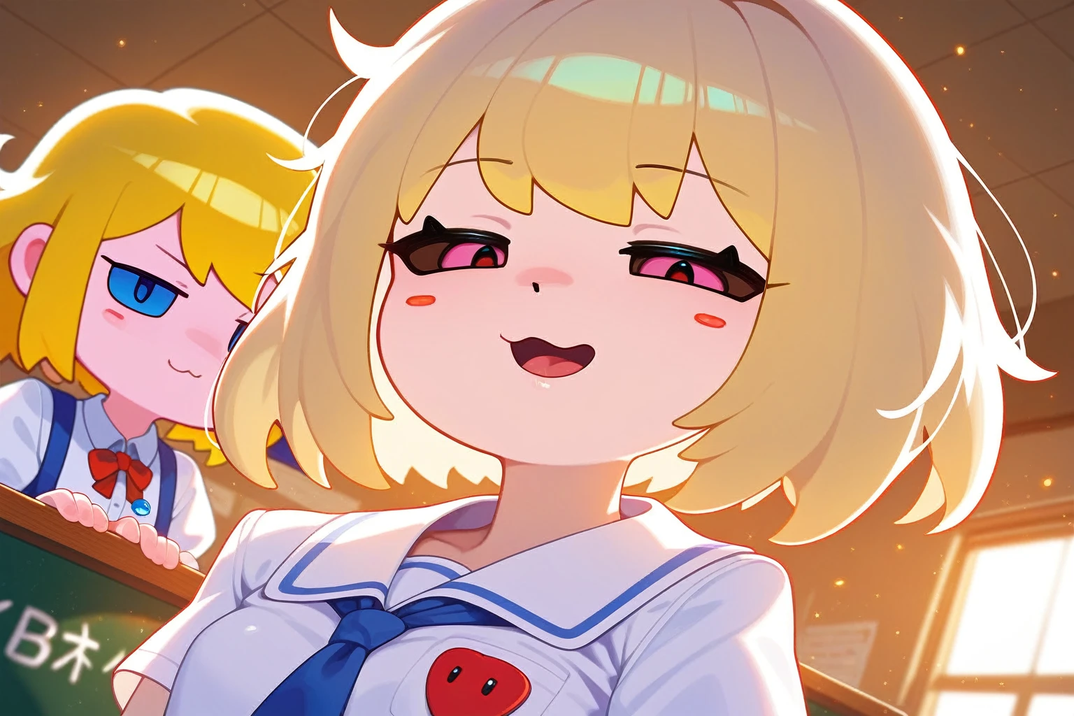 score_9,score_8_superior,score_7_superior,score_6_superior,score_5_superior,score_4_superior 、8k,Highly rated on Pixiv, Very naughty,Naughty pose、Mr.々Angle、Three cute Japanese high school girls、(Mob face:1.4)、Provocative smirk,Open your mouth|Close your mouth、Small breasts、Brunette hair color, medium bob hair, brown eyes、Blonde, long hair, pink eyes、White hair, short hair, blue eyes、Summer Clothes Blouse、classroom
