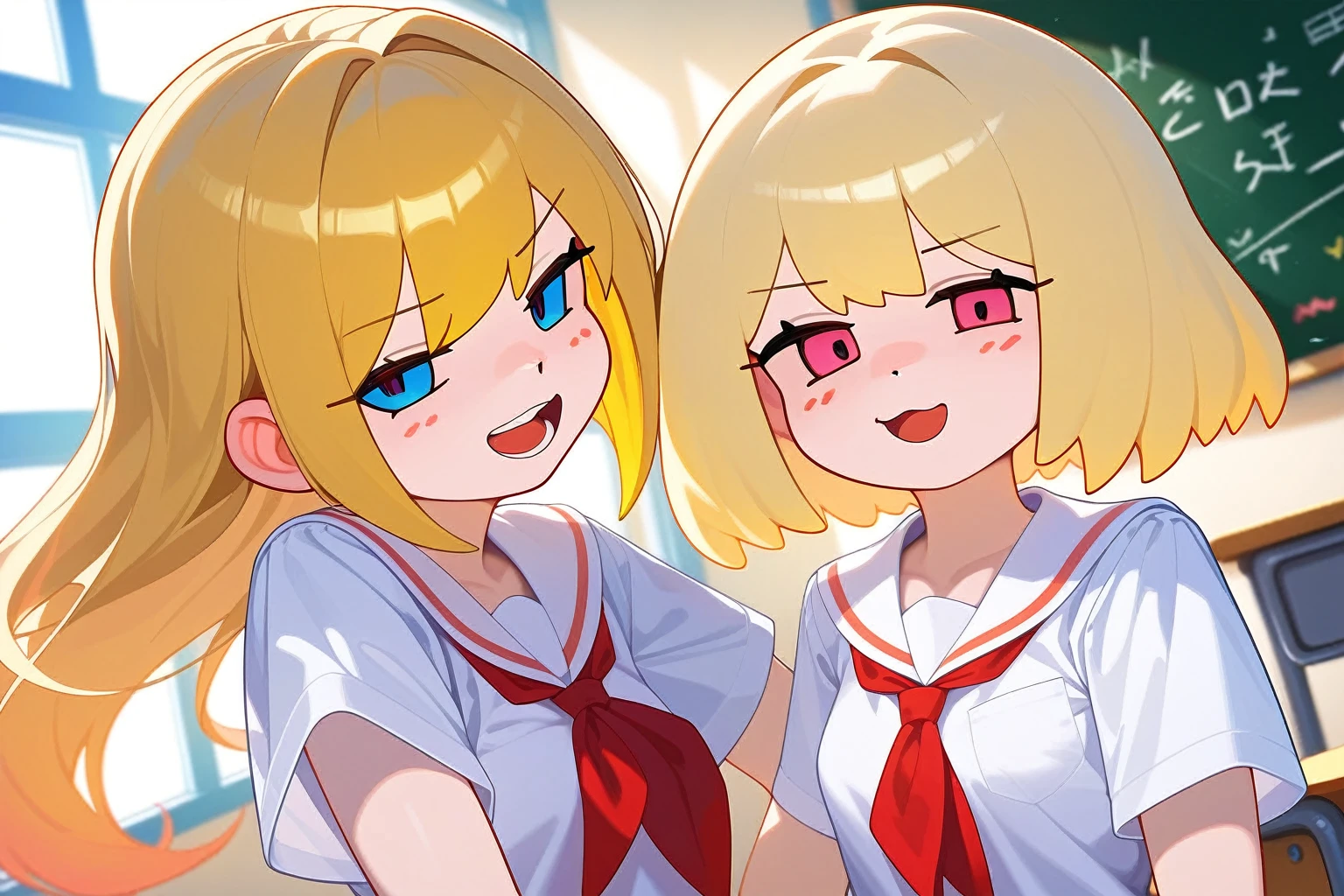 score_9,score_8_superior,score_7_superior,score_6_superior,score_5_superior,score_4_superior 、8k,Highly rated on Pixiv, Very naughty,Naughty pose、Mr.々Angle、Three cute Japanese high school girls、(Mob face:1.4)、Provocative smirk,Open your mouth|Close your mouth、Small breasts、Brunette hair color, medium bob hair, brown eyes、Blonde, long hair, pink eyes、White hair, short hair, blue eyes、Summer Clothes Blouse、classroom