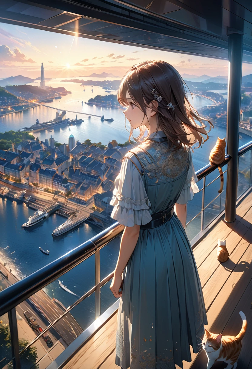 Full color, Ultra-realism, Detailed and intricate texture, Detailed and intricate brushwork, Detailed and clear depiction, (A hill overlooking the beautiful and sparkling port city、Park observation deck, Back view of a girl looking at a charming and majestic view, On top of the wall that stretches right up to the side、Cats gather), BREAK Clear and vivid image, (Add layers of transparency), (Indifference, kind, aesthetic), Cinematic lighting effects, (Detailed and clear depiction, transparency:1.2), Ultra-high resolution, Use all kinds of effects to captivate your audience, Detailed and crisp image quality, 16k, Dynamic shot,