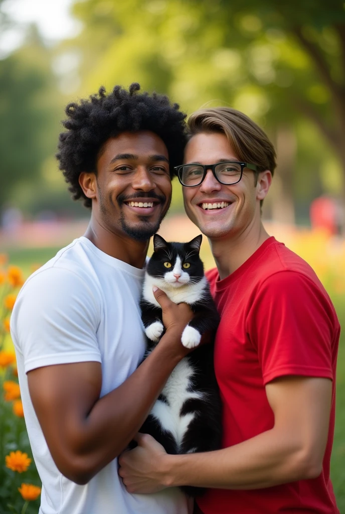 A drawing of pride a brown-skinned man, with a mustache and goatee, short, curly, black hair, Wearing white short sleeve t-shirt, hugging a white man, who wears glasses, with thin lips and a shy smile wearing a white short-sleeved t-shirt, With straight, brown hair, holding a cat with black and white fur.