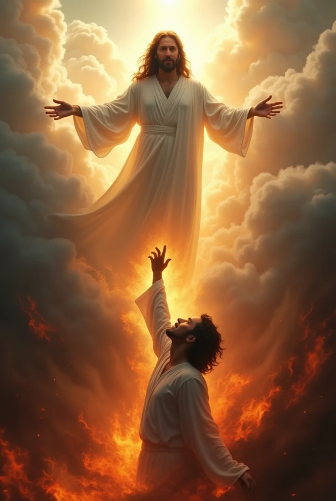 Someone in heaven stretching his hand to someone in hell fire for help
Both should hold hands