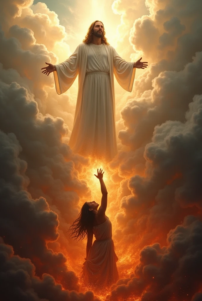 Someone in heaven stretching his hand to someone in hell fire for help
Both should hold hands