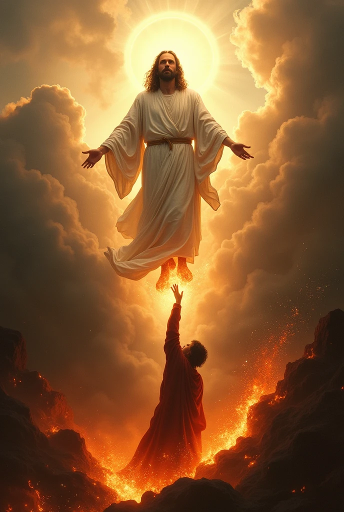 Someone in heaven stretching his hand to someone in hell fire for help
Both should hold hands 