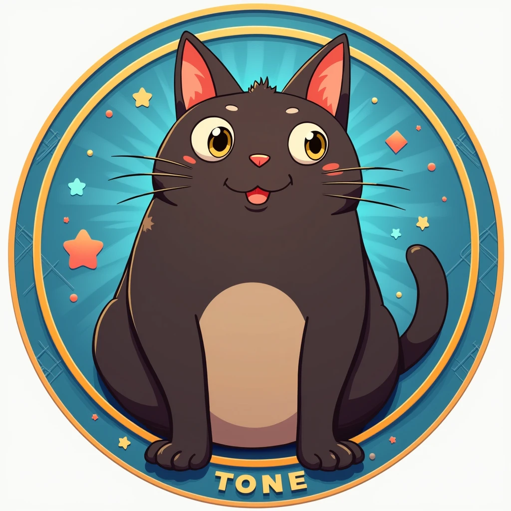 coin logo , tone network , dark brown cat , blue background , oggy inu , cat inu , fat
