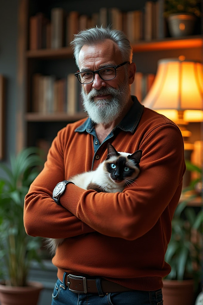 Muscular man with a gray beard, with glasses and a Siamese cat