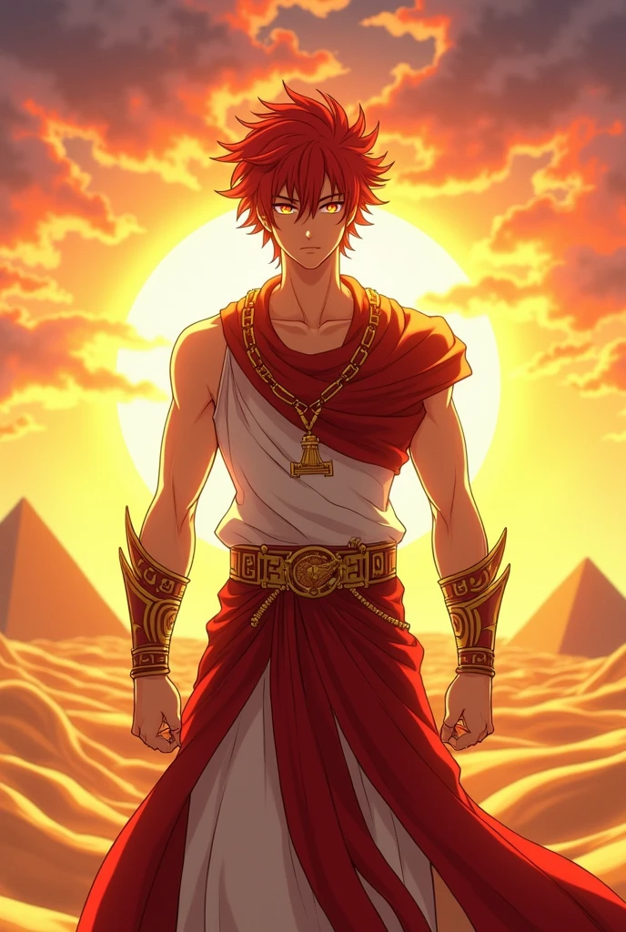 A 15-year-old boy with short pink hair is a man who has honey-colored eyes of this white hanging at the bottom of ancient Egypt you can see the pyramids