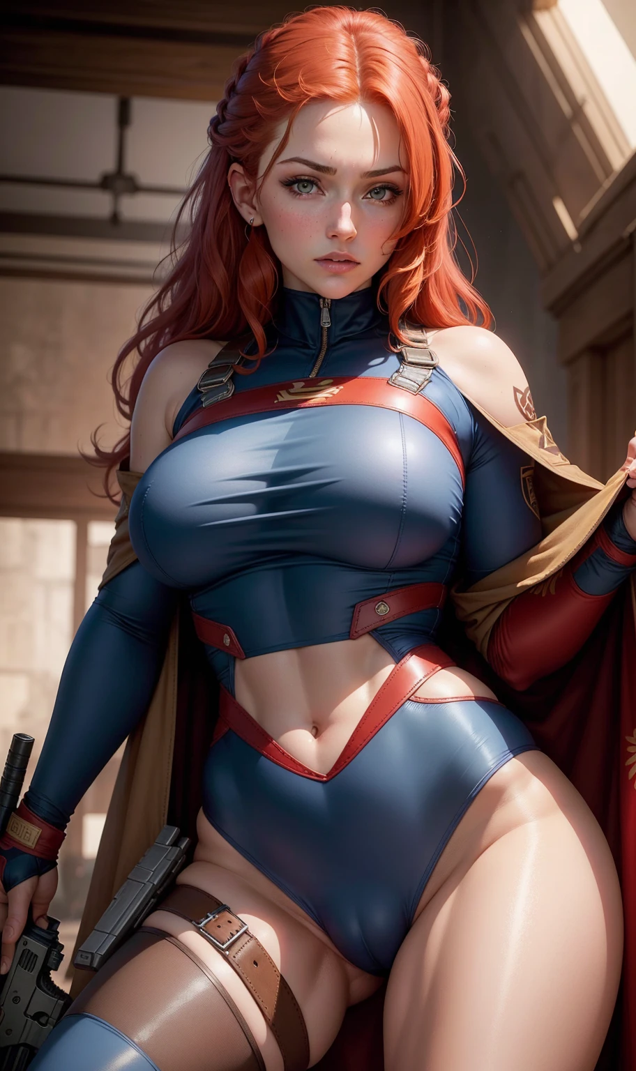 Molly Stewart, warrior, super realistico, narrow waisted, big, shear clothes, sultry gaze, sexly, resolution, Lotes Cameltoe, camel toe holding gun, Red hair, the clothing is thin and barely covers , holding gun para cima, blue outfit