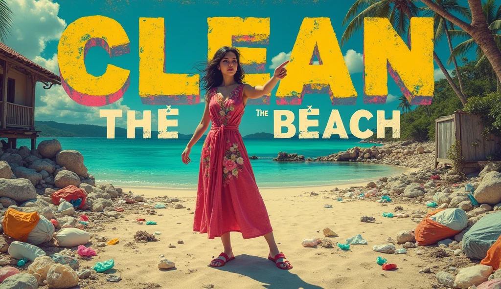 Bold, distressed, and weathered title "CLEAN THE BEACH" in a gritty, vibrant, and unsettling 70's grindhouse cinema poster style, dominating the foreground with a sense of urgency, in a worn, neon-lit color scheme with acid yellows, hot pinks, and deep blues. Against this backdrop, a stunning, 30-year-old female stands out, exuding a sense of mischief and determination, set amidst the desolate landscape of Muine beach, flanked by a dilapidated resort and a calm, turquoise sea. Her dynamic posture conveys a sense of defiance, wearing a worn, vintage ao dai with intricate embroidery and faded florals, its soft folds and creases a stark contrast to the harsh environment. Her finger points accusingly at the barren, trash-littered landscape, surrounded by shattered garbage and discarded waste, evoking a sense of rebellion and frustration. The image is rendered in a style reminiscent of Arthur Rackham and Ciruelo Cabral, with bold lines, expressive textures, and an ultra-detailed, cinematic quality, as if ripped from the reels of an analog film.
