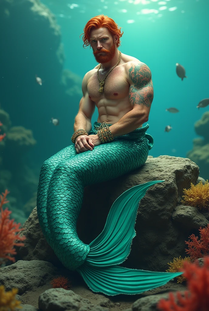 Maverick is an imposing merman with short wavy red hair and a beard that highlights his strong jaw.. Her fair skin with freckles and piercing green eyes give her a youthful appearance.. His muscular torso, covered in red hair, It transforms into a long turquoise fin similar to that of a betta fish., with iridescent edges in green and blue tones, and details in silver and gold its fin measures up to two meters. Sitting on a rock with her mermaid fin with majestic tail enhancing her beauty. 