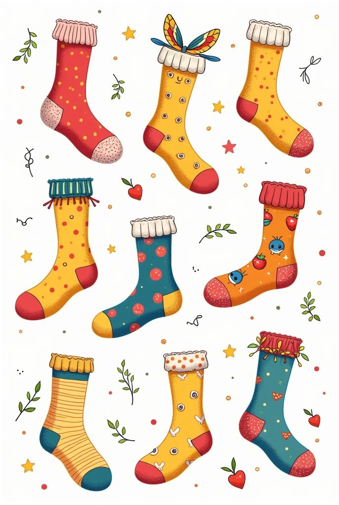 Line drawings of different and colorful socks 
