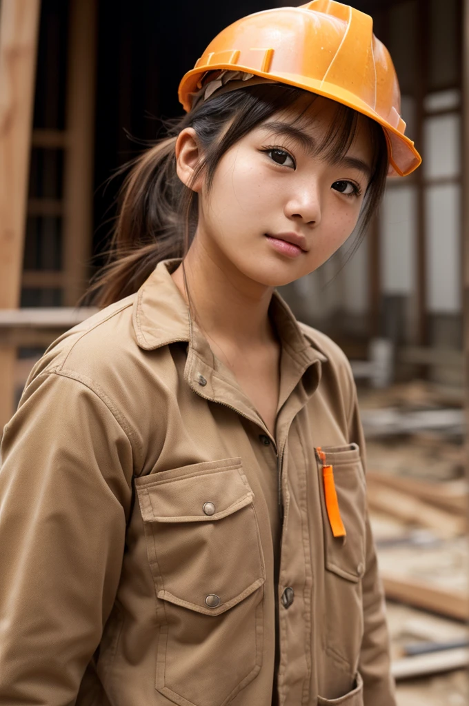 ((sfw: 1.4)),((detailed face, professional photography)), ((sfw, construction worker outfit, pulled back hair, 1 Girl)), Ultra High Resolution, (Realistic: 1.4), RAW Photo, Best Quality, (Photorealistic Stick), Focus, Soft Light, (20 years old)), ((Japanese)), (( (young face))), (surface), (depth of field), masterpiece, (realistic), woman, bangs, ((1 girl))