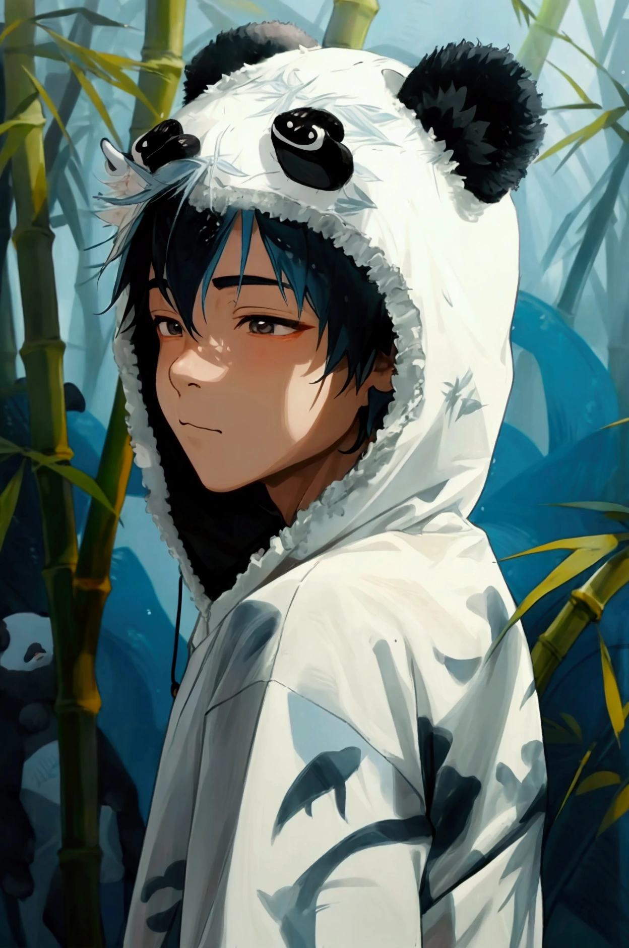 1 boy, about 20 years old, panda kigurumi with panda ear hood, looking down, positioned towards the right, facing left, ink wash painting, black and white, light blue hair, cool,bamboo in the background