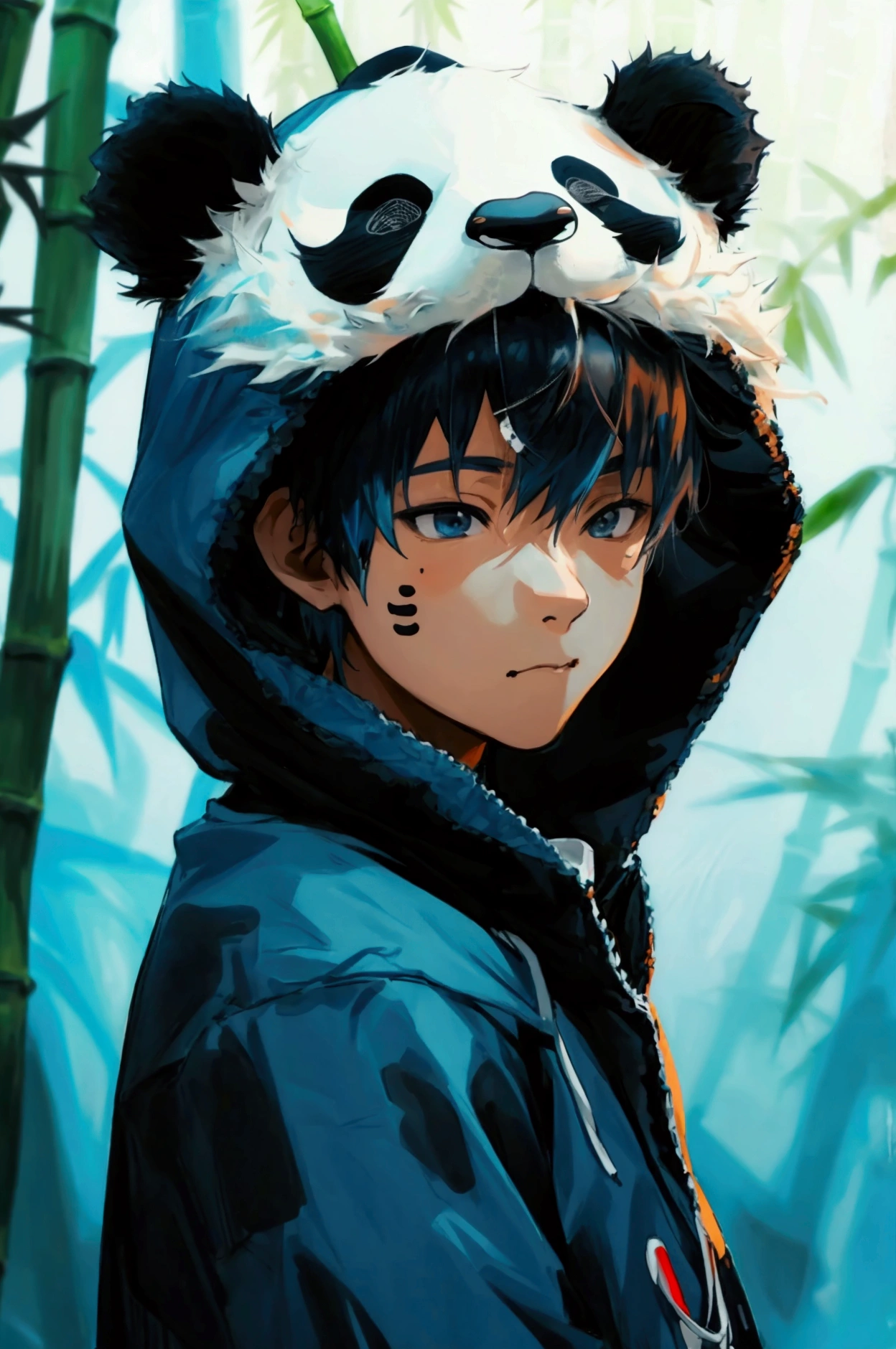 1 boy, about 20 years old, panda kigurumi with panda ear hood, looking down, positioned towards the right, facing left, ink wash painting, black and white, light blue hair, cool,bamboo in the background