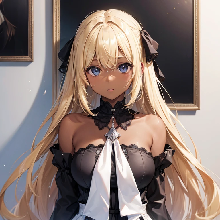 (((One Woman)))、Blonde and dark skinned girl、Black Dress、Bust up shot、Fantasy、In front of a white wall