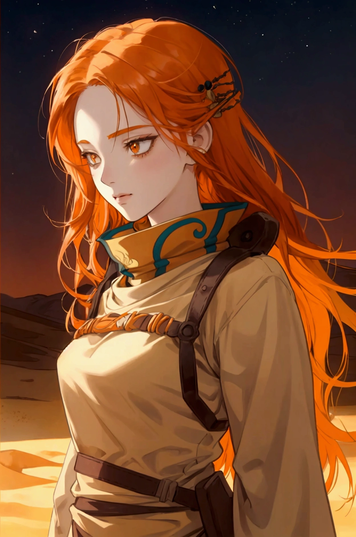 Orange hair, female warrior, Desertngewänder, Arabic, Desert, Antiquity, Anime Style