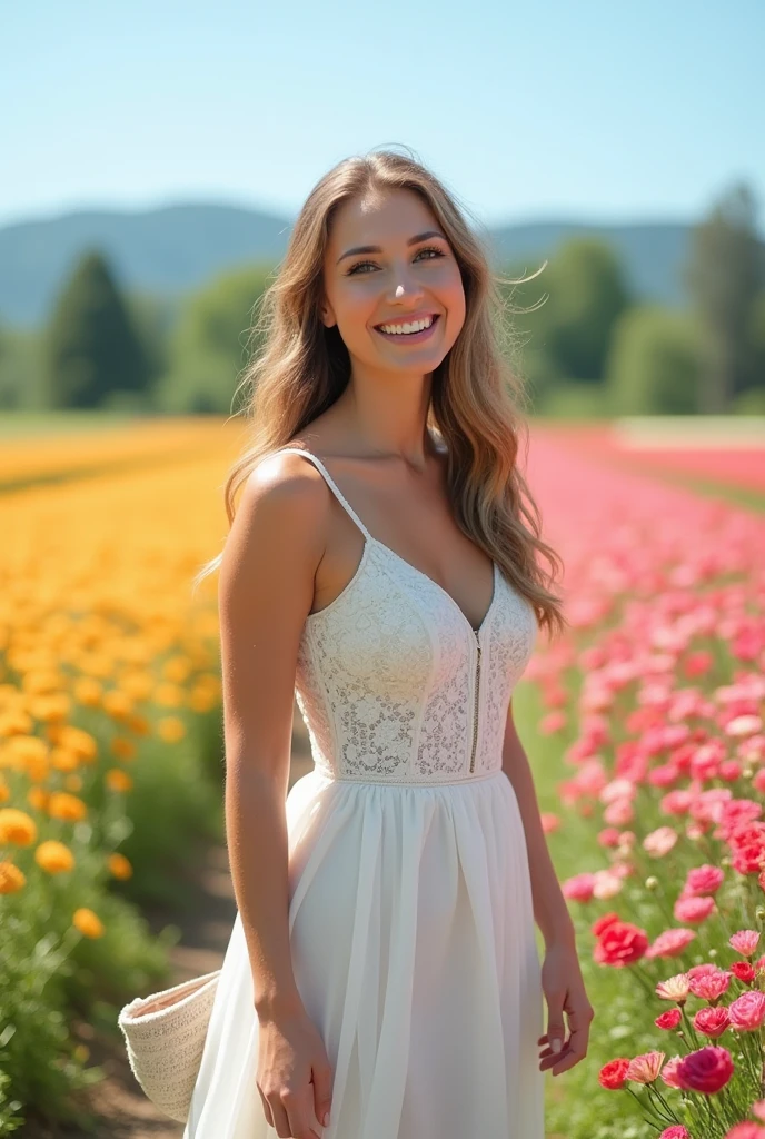 A beautiful smiling long-haired woman in a field of flowers