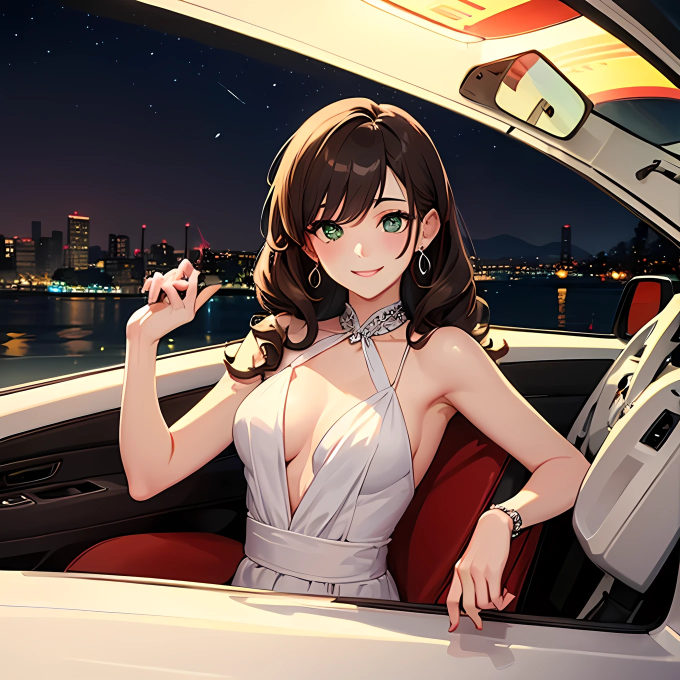 (best quality), (masterpiece), (detailed), 1girl, Gender is girl. Brown curly hair. Emrald green eyes. Freckled face. She is driving a Toyota Supra Car. Black chest detail dress. Nighttime. Smiling happily.