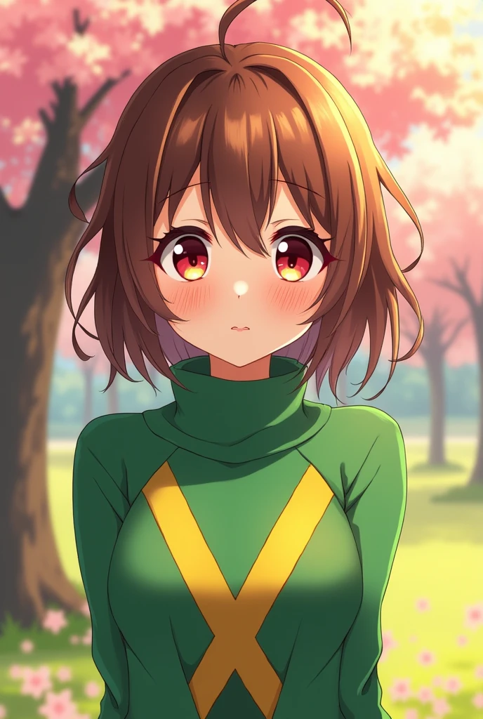 an anime girl with dark red eyes and short brown hair wearing a green and yellow with two stripes on her chest on her turtleneck sweater doing a cute pose
