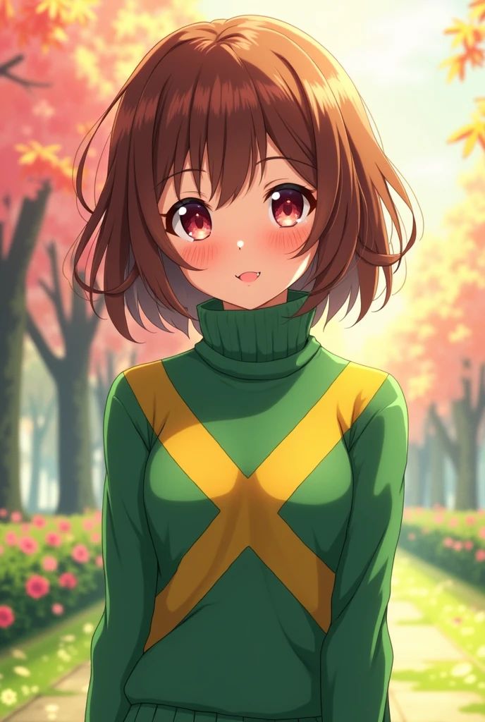 an anime girl with dark red eyes and short brown hair wearing a green and yellow with two stripes on her chest on her turtleneck sweater doing a cute pose
