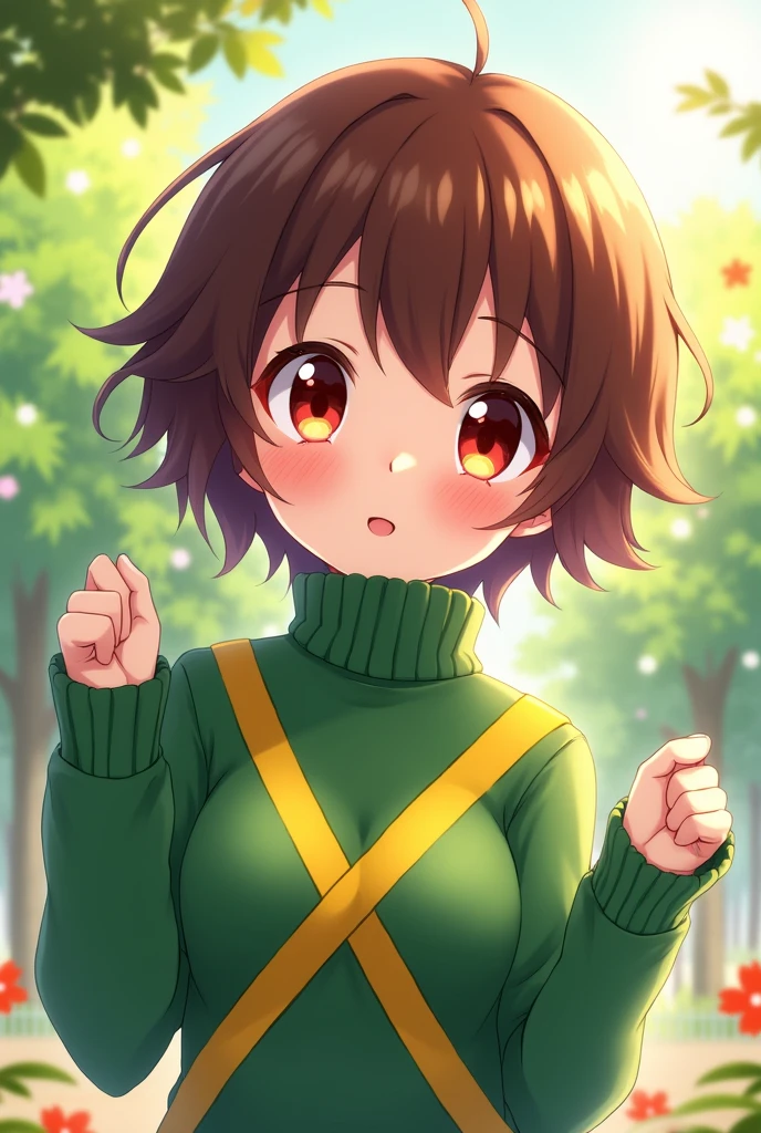 an anime girl with dark red eyes and short brown hair wearing a green and yellow with two stripes on her chest on her turtleneck sweater doing a cute pose