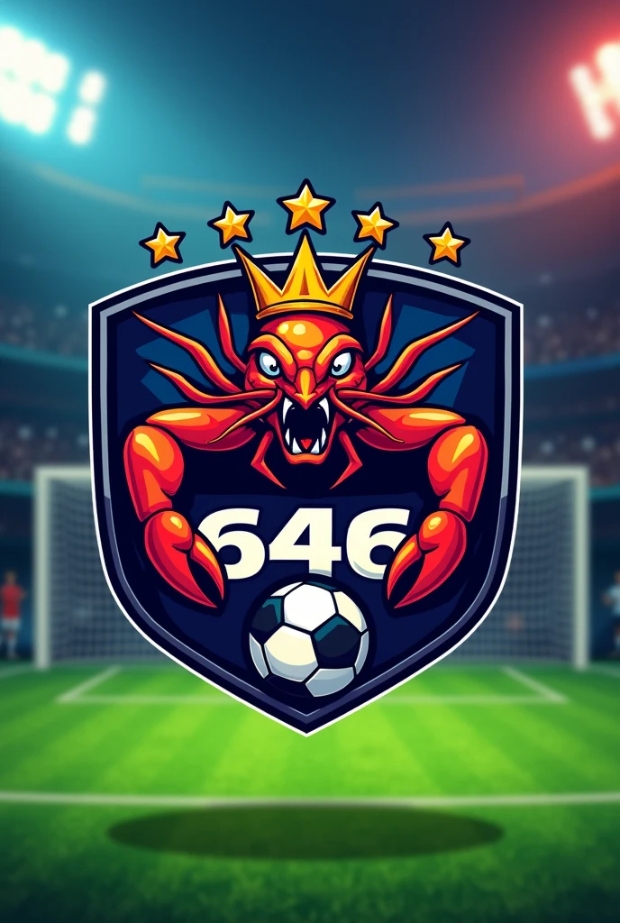 Logo of a soccer team, that is not round. Include an angry shrimp with a crown, aspects related to football. That contains the word 646 below and has 6 stars above. Also, it should be red and blue.. And it contains a blurred background of a soccer field.
