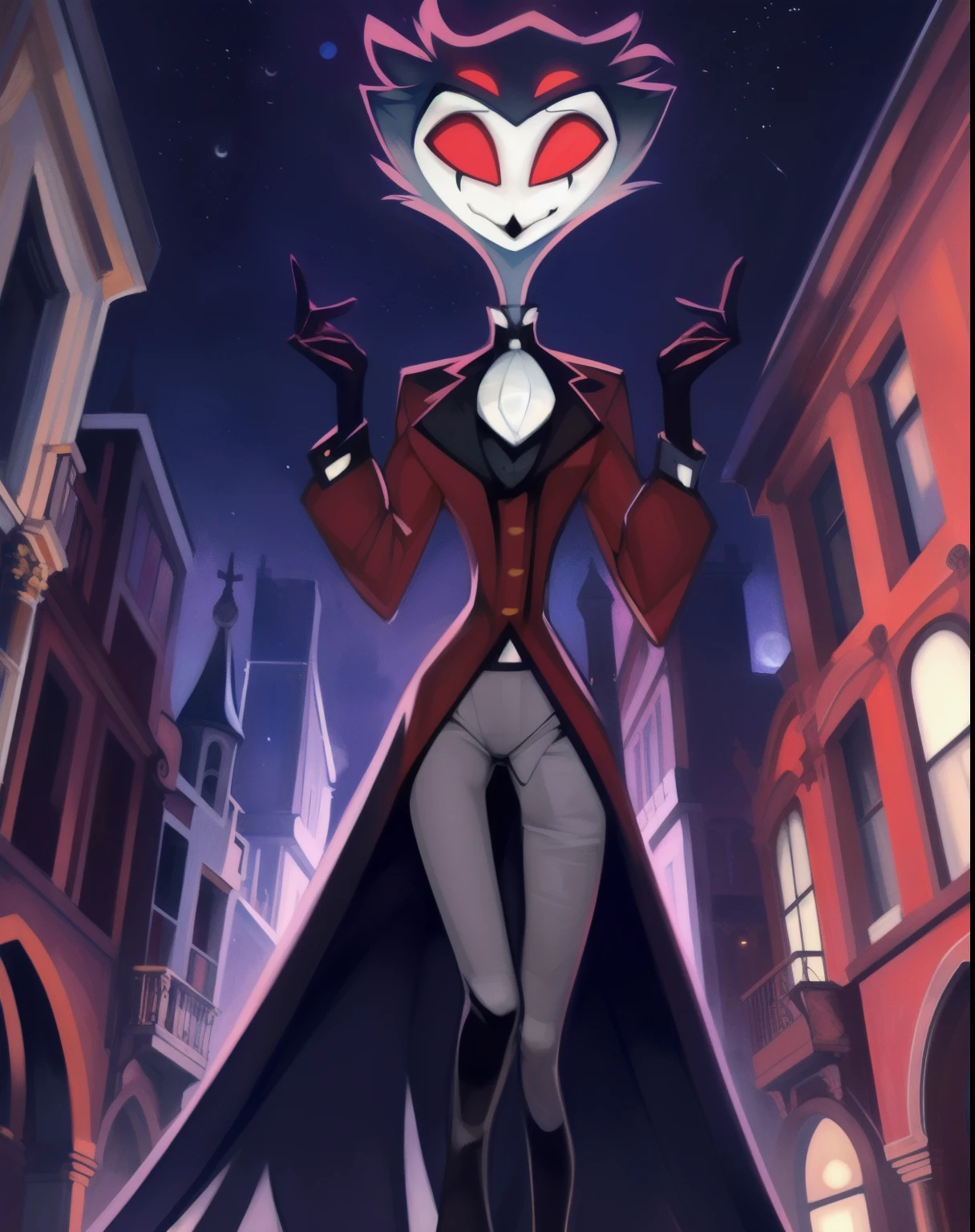 (furry art, climb on e621:1.4),((stolas)), (the second, furry), Closed mouth, SFW, purple and red formal suit, (in the middle of a city of Victorian architecture at night), short hair, black fur, White face, four eyes, vista de ángulo high, from above, female, (skinny), (gray body), (open mouth), Red eyes, 1 chico, pose, black legs, smiling, black arms, Alone, cola, extra eyes, (high), (standing), ((por zackary911)), in the middle of a city of Victorian architecture at night