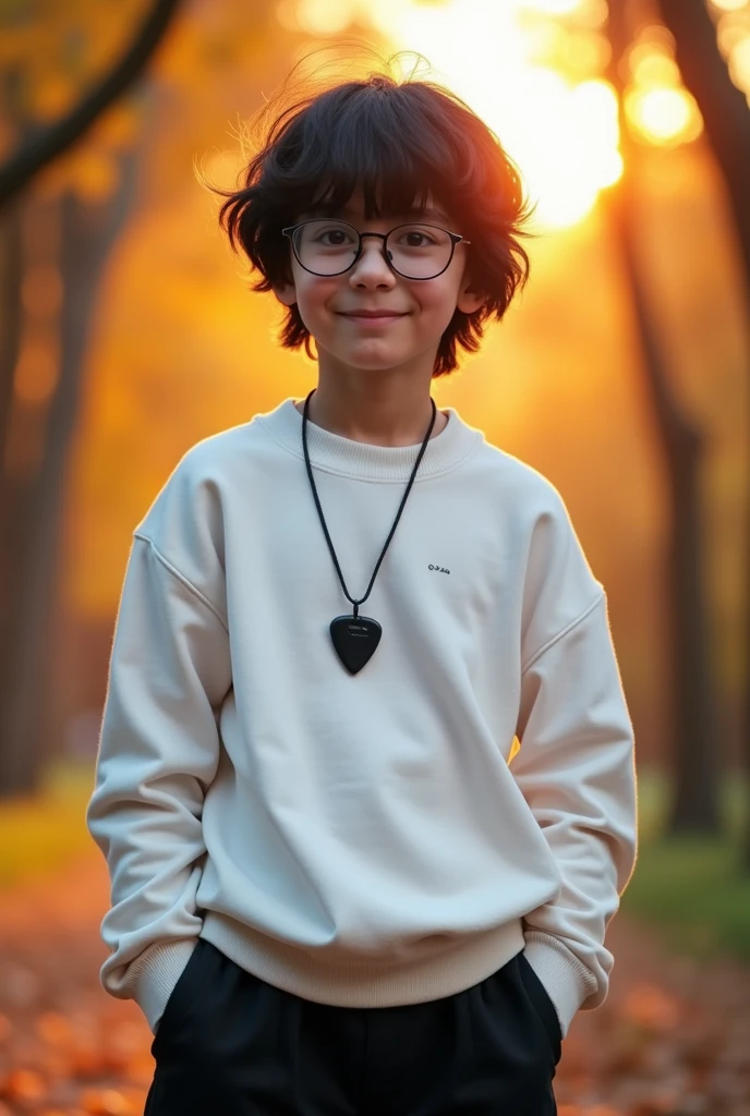 14 - 15 year old boy, almost straight wavy black hair, black eyes, thick mouth, skin turning white, dressed in a white sweatshirt, with a guitar pick shaped necklace, and black wide pants, wearing round glasses