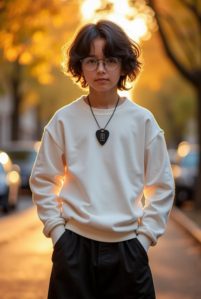 14 - 15 year old boy, almost straight wavy black hair, black eyes, thick mouth, skin turning white, dressed in a white sweatshirt, with a guitar pick shaped necklace, and black wide pants, wearing round glasses