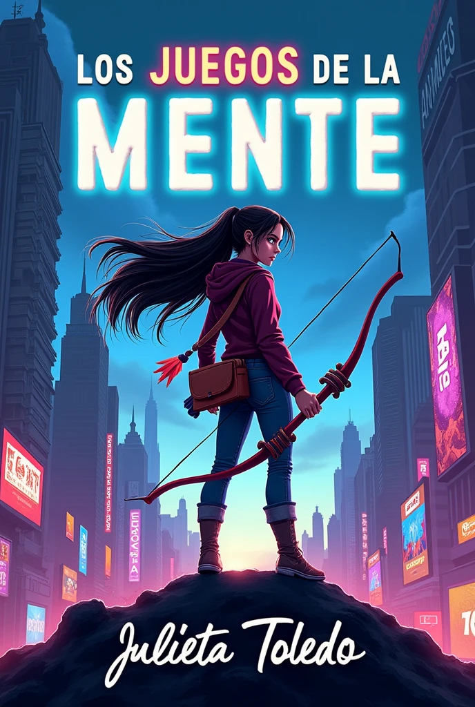 Book cover with the letters "The Mind Games" at the top, a  girl standing using a bow and arrow in a futuristic background, and at the bottom the letters author Julieta Toledo, the letters must be in Spanish