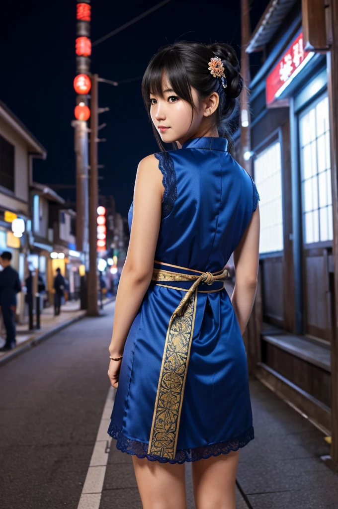 ((sfw: 1.4)),((detailed face, professional photography)), ((sfw, construction worker outfit, pulled back hair, 1 Girl)), Ultra High Resolution, (Realistic: 1.4), RAW Photo, Best Quality, (Photorealistic Stick), Focus, Soft Light, (20 years old)), ((Japanese)), (( (young face))), (surface), (depth of field), masterpiece, (realistic), woman, bangs, ((1 girl))A traditional Japanese night cityscape in the background、A scene where a beautiful Japanese girl is dressed like a ninja and poses in front of you。The beautiful girl is wearing a fluorescent blue dress with intricate lace.、The camera is facing the camera so that the entire body design can be seen.。The equipment is intricately decorated、Especially the dress and mask、And the details of the hair ornament stand out.。Her hair is black、The blue rose hair ornament looks beautiful.。There is tension in her posture as she holds her weapon.、The lighting is a soft moonlight shining into the streetscape.、The overall look exudes a realistic and calm atmosphere.。It was shot in portrait mode.、Even the details of the Japanese houses in the background are depicted realistically.。