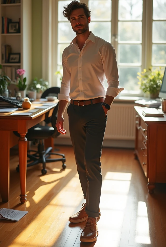 Personagens:
John: brown hair and brown eyes, shirt and dress pants, has many commitments, he is thin and has an average physique, wears brown sneakers and is on a wooden floor