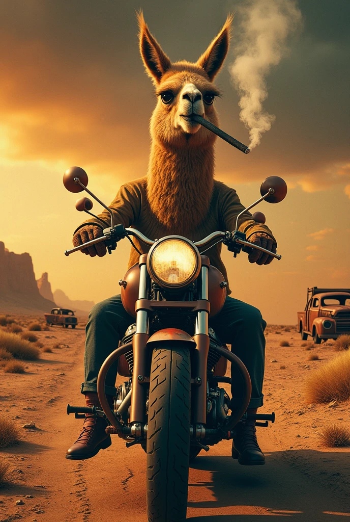 a llama smoking a cigar on a motorcycle with a desert and apocalyptic background