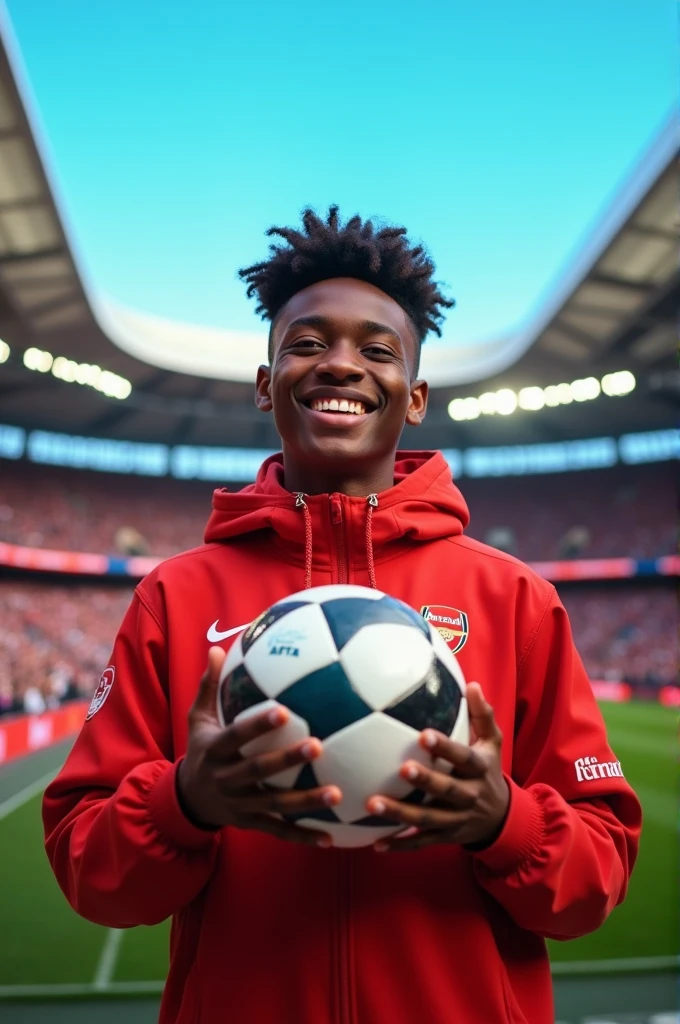 Make a picture of a teenage Arsenal fan holding a Champions League ball inside Arsenal stadium, put melanin in it, and do the taper cut phase, and that he has medium curly hair 