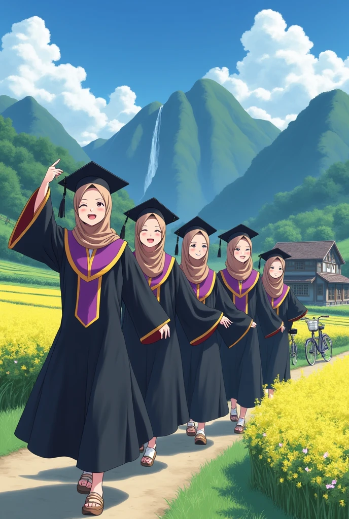 Anime style studio Ghibli, women wearing hijab, pastel brown color hijab, wearing black graduation hat, wearing purple graduation hood with yellow color on the edge, wearing black graduation gown, Long graduation gown that covers the ankles, wearing black shoes , women shoes, rice field background with flowers , wooden house background,mountain background with waterfall, Bicycle background with flower basket , kawaii theme designs, kawaii poses
