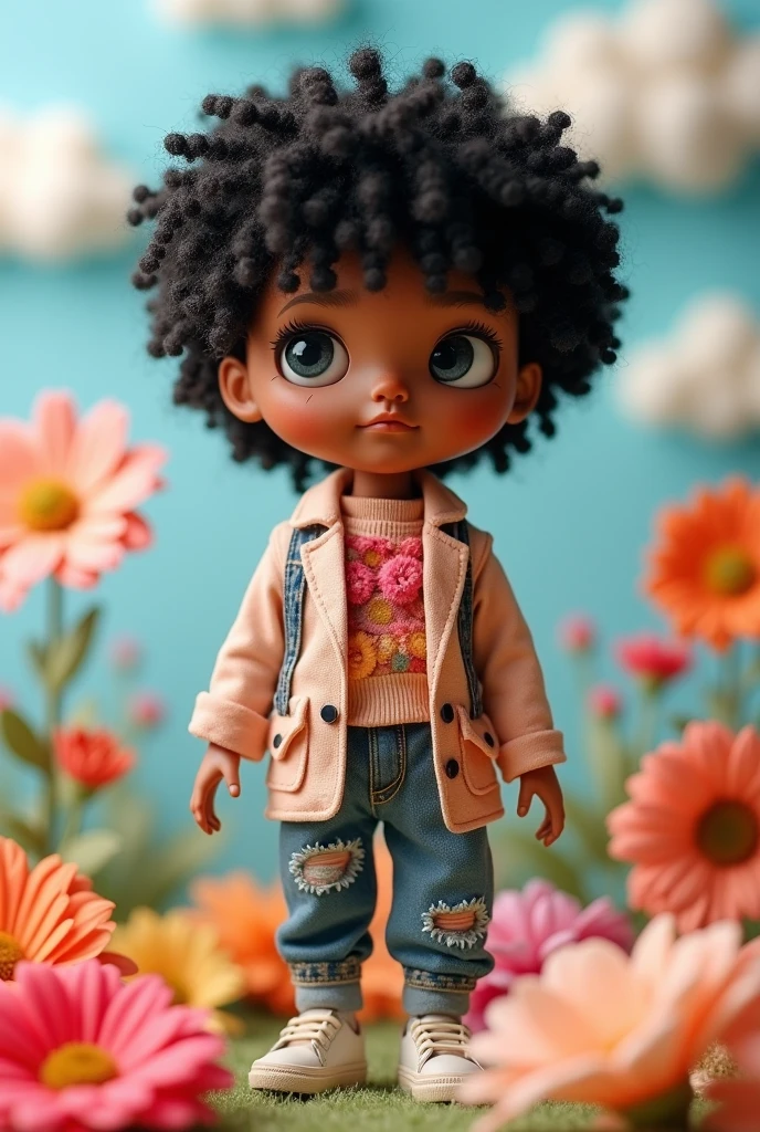 Make a male blythe doll with short black curly hair, with long curly bangs and very light brown skin color