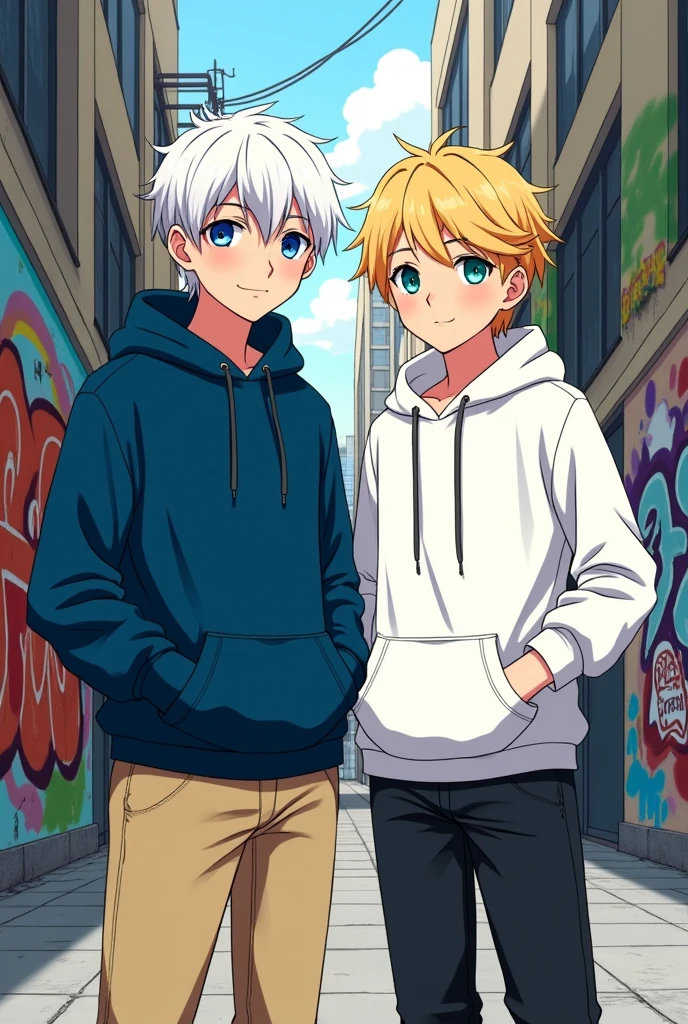 Create a boy with midnight blue hooded top and beige pants, white hair, anime version Along with a 13 year oldlonde hair, blue eyes, white hooded top and black pants