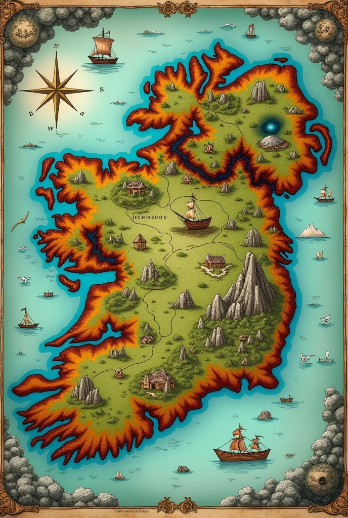 Map of Ireland in 1740, where to the north is the sub-kingdom of the gnomes, then the sub-kingdom of the Vikings and shortly after Chaos Mountain