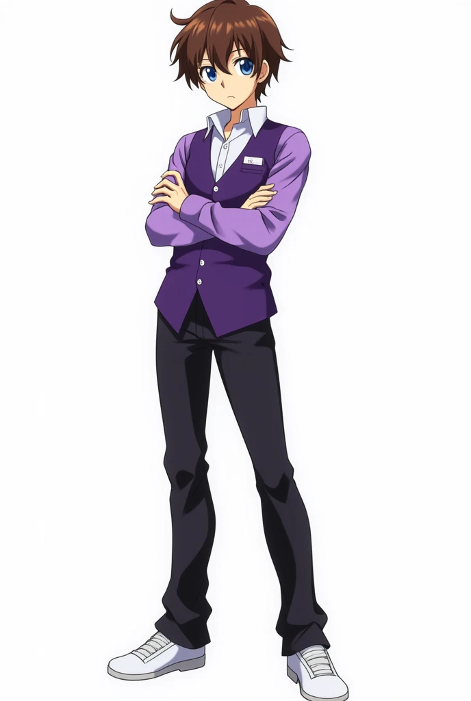 Create a male anime character with brown hair, two bangs and on the side, blue eyes, light skin, a white shirt with a purple top and purple sleeves, black pants and white shoes, and a white background.