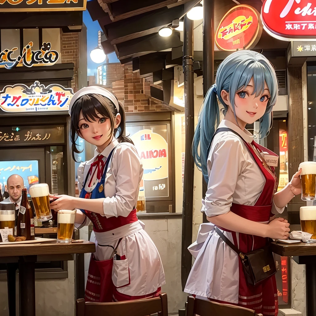 Light blue long hair、Beautiful girl with twin tails、Rooftop beer garden、Many customers、apron、waitress、Bright smile、table、Chair、Delicious food