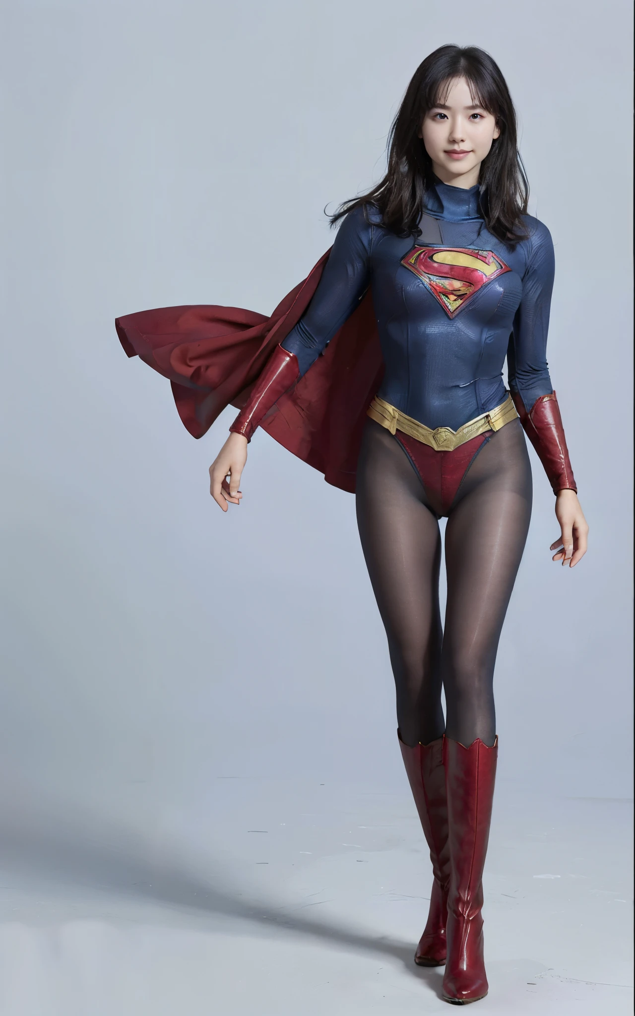 No background、(((Beautiful legs in black tights.)))、(((Legally express the beauty of your smile)))、((((Make the most of your original images)))、(((Supergirl Costume)))、(((Beautiful Hair)))、(((suffering)))、(((Please wear black tights....、Wear red boots)))、((Best image quality、8k))、((Highest quality、8k、masterpiece:1.3))、(((Preserve background )))、Sharp focus:1.2、Beautiful woman with perfect figure:1.4、Slim Abs:1.2、Wet body:1.5、Highly detailed face and skin texture、8k