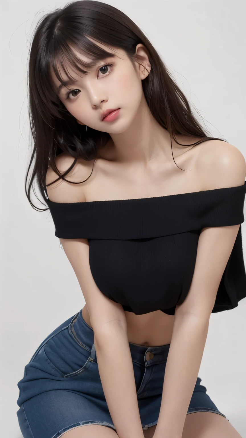 (((amount、Northern Europe、white、beautiful girl、Black Hair、white Background、Tank top、Off-the-shoulder blouse、mini skirt、Long Hair、Perm)))、Tabletop, Highest quality, shape, Very detailed, finely, High resolution, 8k wallpaper, Perfect dynamic composition, finelyて美しい目, Deco Out,blonde, Super big breasts, Natural color lip,white Background, Random cute poses,