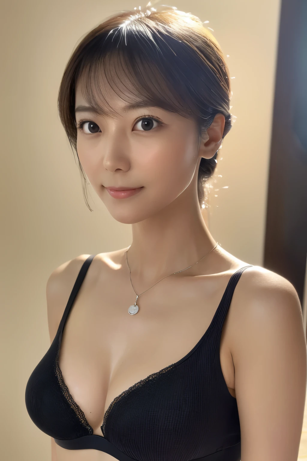 Skinny Japanese woman, Dressed, small head, cute face, detailed face, detailed eyes, (photographrealistic:1.4), (Hyper realistic:1.4), (Realistic:1.3), (Smoother lighting:1.05), (increase cinematic lighting quality:0.9), 32K, 1girl in, 30-years old, Realistic lighting, Backlighting, Light on Face, raytrace, (Brightening light:1.2), (Increase quality:1.4), (Top quality real texture skins:1.4), Black underwear, a necklace, Very thin waist, slender legs, (Increase body line mood:1.1), (Increase the beauty of skin texture:1.1)