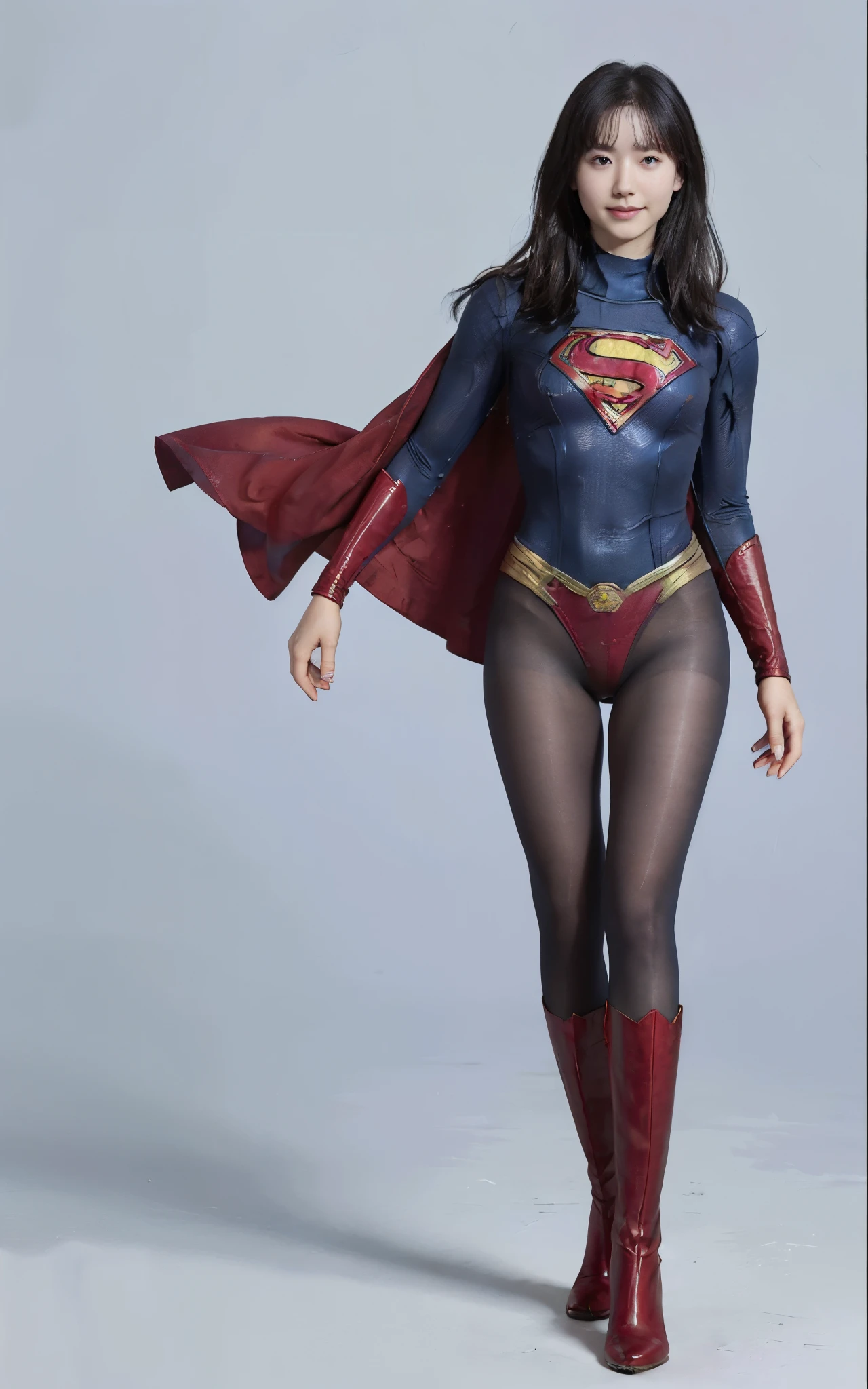No background、(((Beautiful legs in black tights.)))、(((Legally express the beauty of your smile)))、((((Make the most of your original images)))、(((Supergirl Costume)))、(((Beautiful Hair)))、(((suffering)))、(((Please wear black tights....、Wear red boots)))、((Best image quality、8k))、((Highest quality、8k、masterpiece:1.3))、(((Preserve background )))、Sharp focus:1.2、Beautiful woman with perfect figure:1.4、Slim Abs:1.2、Wet body:1.5、Highly detailed face and skin texture、8k
