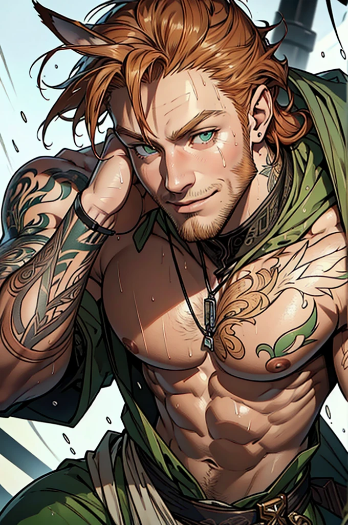 (masterpiece)，(Very detailed)，(Very detailed)，(best quality), perfect lighting, man, muscular, ((messy wet ginger hair)), tall, stunning, beautifull face, green eyes, animated style, miko suit, perfect face, highest detail, stubble, detailed face, intricate details, tatoo on the forearms, dog ears, sexy smile